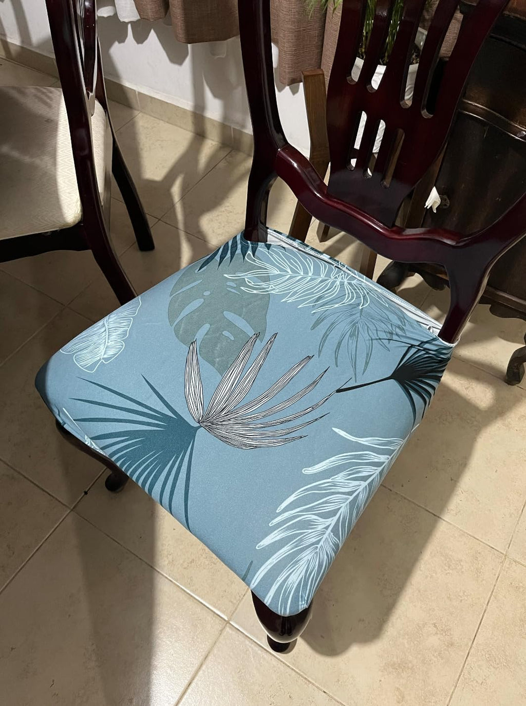Searchi Stretch Dining Chair Seat Covers Set Of 4, Soft Removable Washable Seat Covers For Dining Chairs, Dining Room Seat Cover Slipcover Protector (Rear-Covered, Blue Foliage)