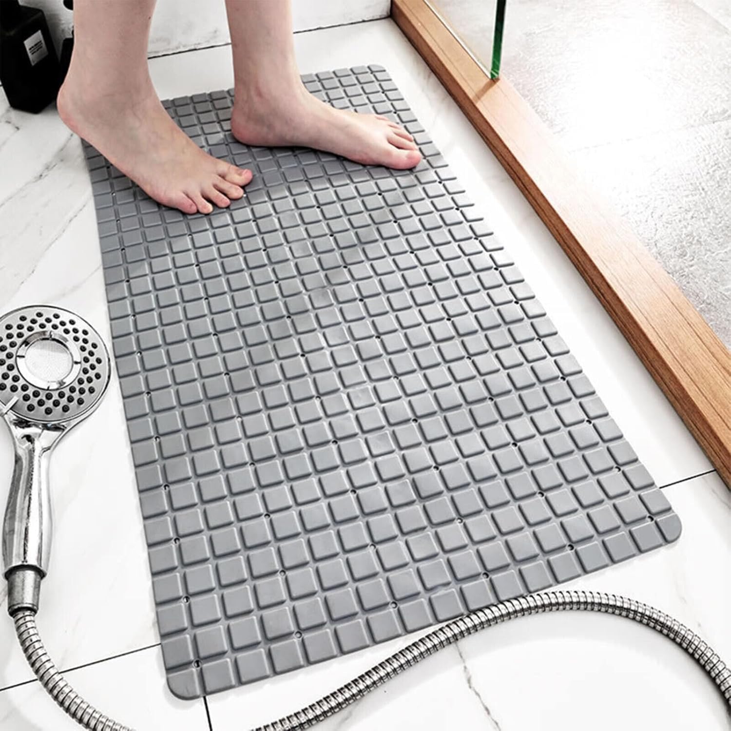 GLOWICK 70 x 40 CM Bath Tub AntiSlip Shower Mat with AntiSkid Suction Cups Drain Holes Bathroom Floor Mats (1Pcs)