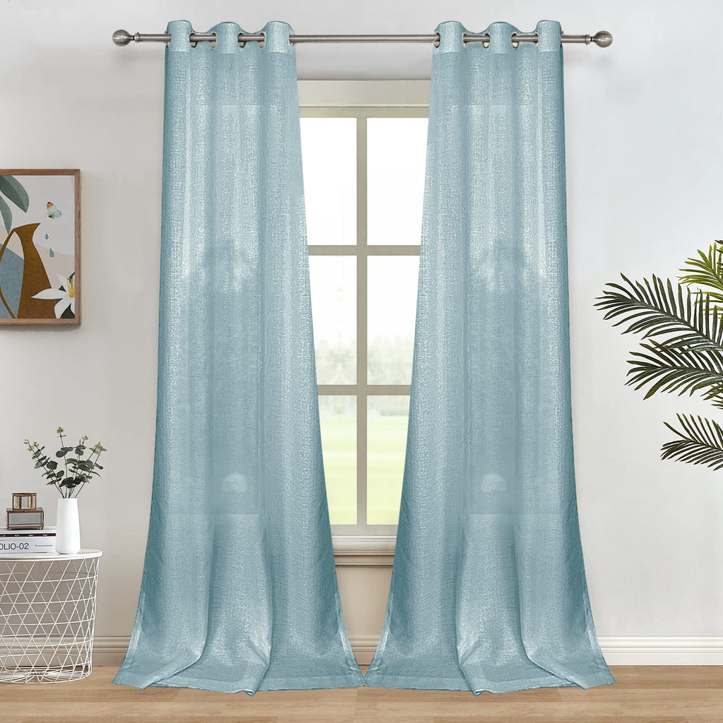 Melodieux Blue Semi Sheer Curtains 84 Inches Long For Small Windows Living Room Bedroom Linen Look Rustic Grommet Voile Drapes,