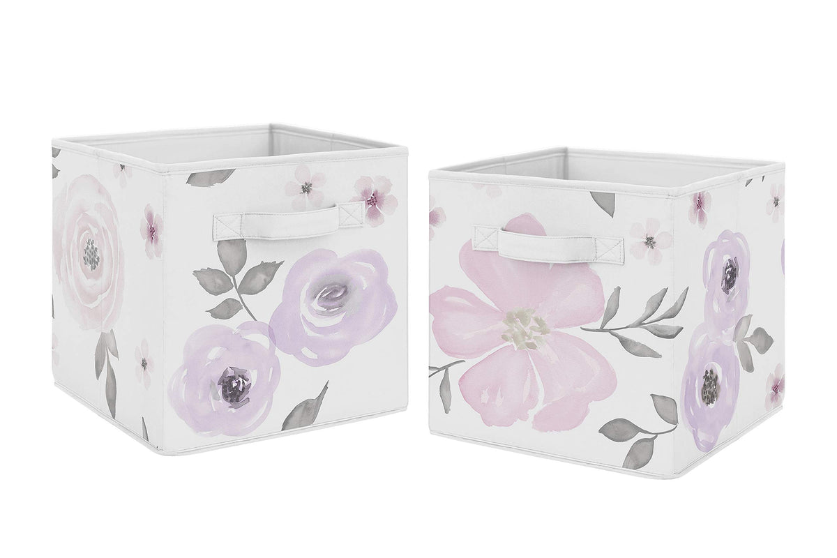 Sweet Jojo Designs Lavender Purple, Pink, Grey and White Organizer Storage Bins for Watercolor Floral Collection - Set of 2 - Ro