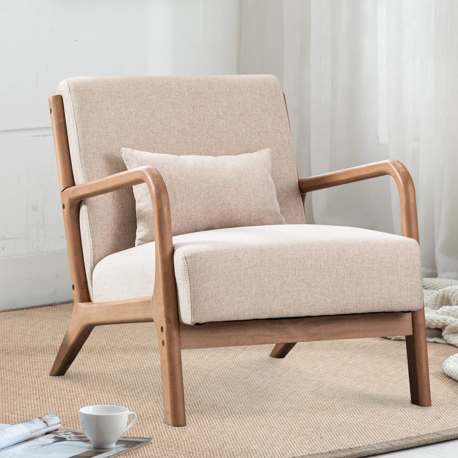 Inzoy Mid Century Modern Accent Chair With Wood Frame, Upholstered Living Room Chairs With Waist Cushion, Reading Armchair For Bedroom Sunroom (Beige)