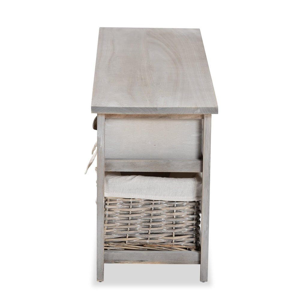 Baxton Studio Mabyn Modern and Contemporary Light Grey Finished Wood 3-Drawer Storage Bench with Baskets