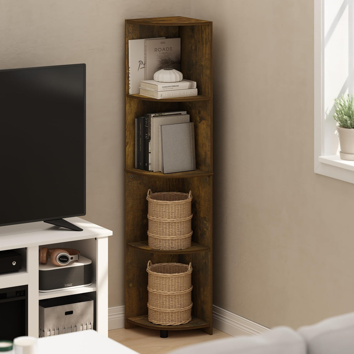 Furinno Econ 4-Tier Corner Shelf Bookcase, Bookshelf, Amber Pine