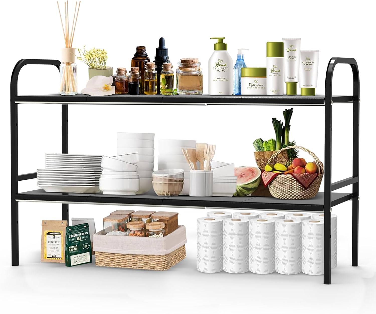 Clefairy 2 Tier Extendable Sink Shelf Adjustable Under Sink Rack Multifuctional Storage Rack Stainless Steel Tubes For Kitchen B