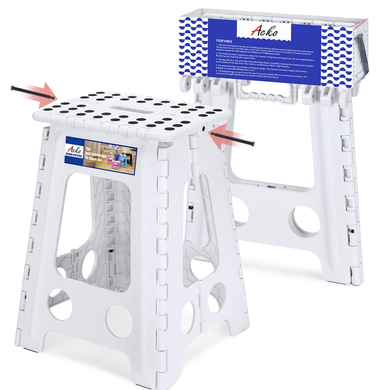 Acko Folding Step Stool Foldable 17.5 Inch Stool 400 Lbs Capacity,Plastic Stools For Adults And Kids,Collapsible Stool For Kitch