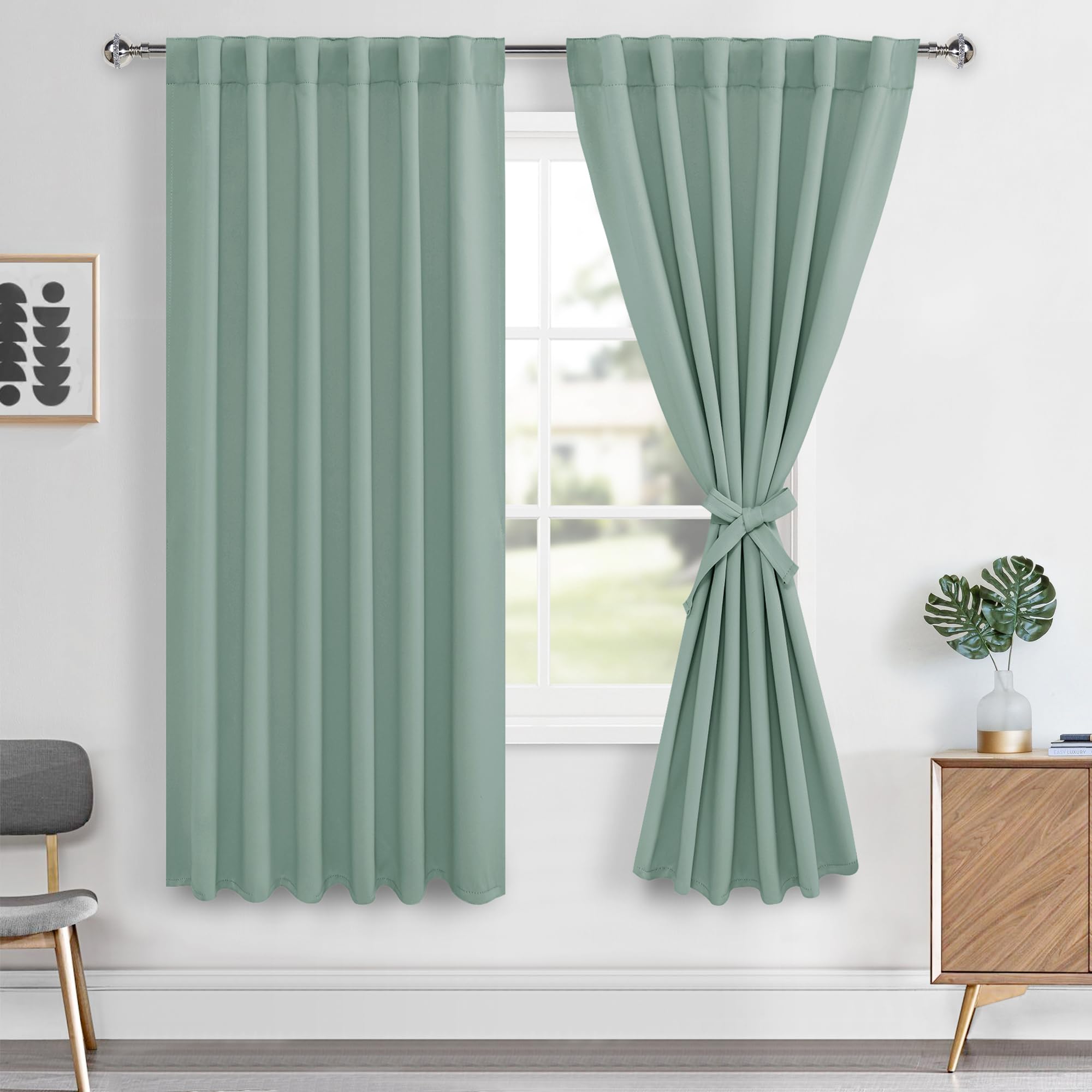 Hiasan Light Sage Curtains 63 inch Long Sewn with Tiebacks, Rod Pocket & Back Tab Blackout Thermal Insulated Christmas Drapes, R