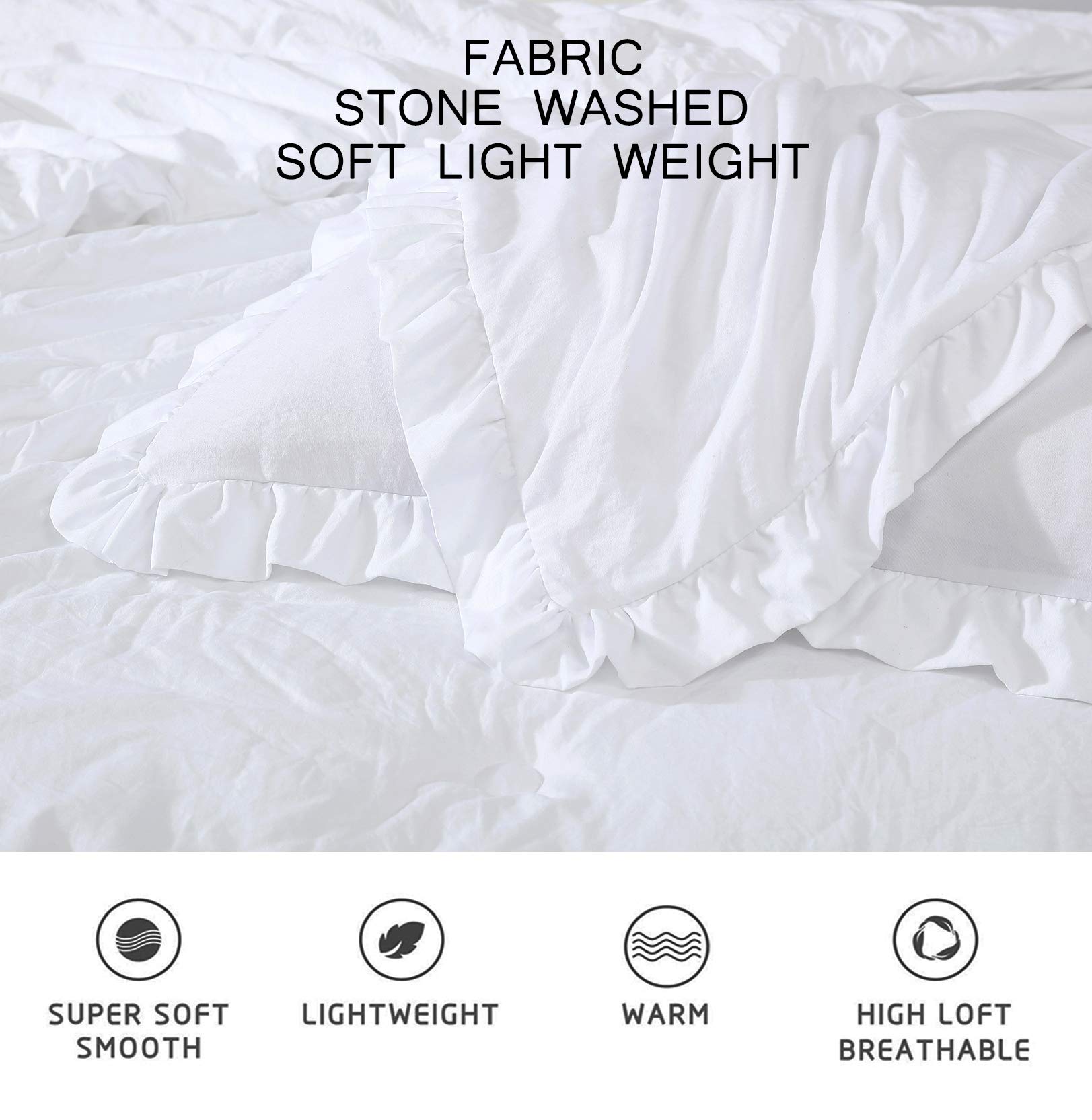 Chezmoi Collection Nora 3-Piece Ruffled Edge Trim Soft Washed Microfiber Comforter Set (King, White)