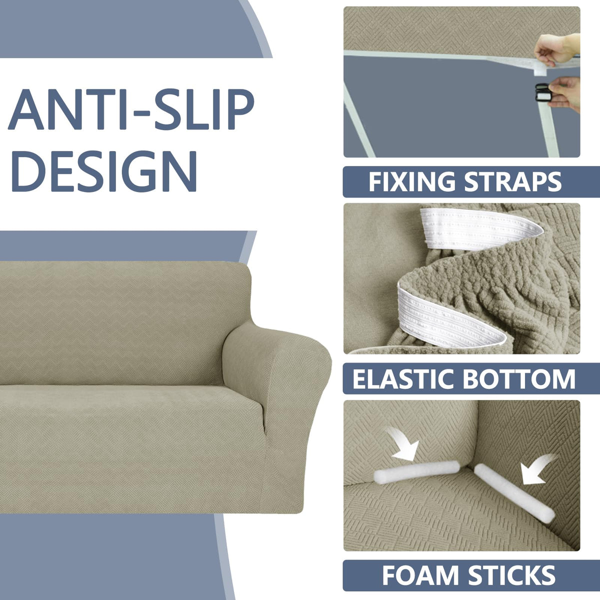 Jiviner Stretch Sofa Covers 1 Piece Couch Covers For 3 Cushion Couch Sofa, 3 Seater Sofa Slipcovers Furniture Protector With Elastic Bottom For Kids, Pets (Khaki, Sofa)