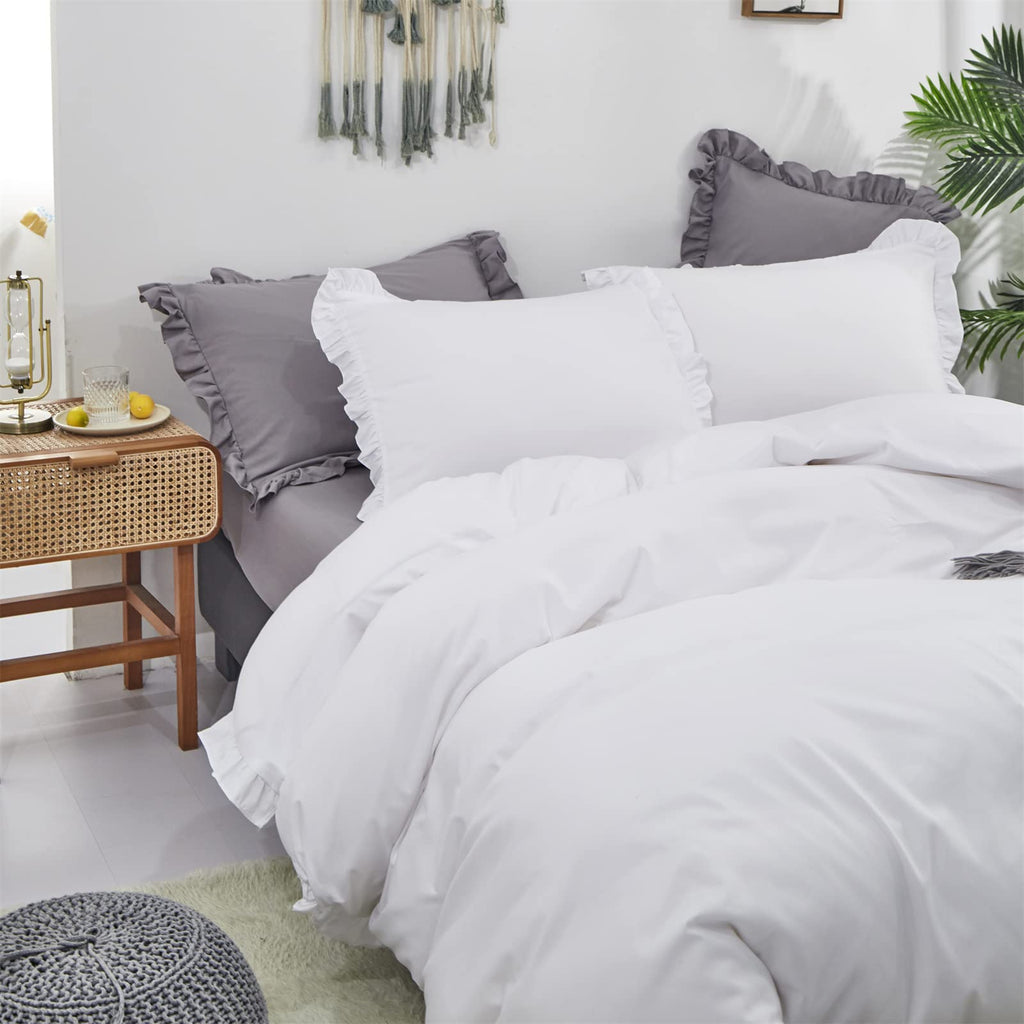 Clothknow White Comforter Set Queen White Ruffles Bedding Comforter Sets Boho Queen Comforter White Rustic Comforter Soft Shabby