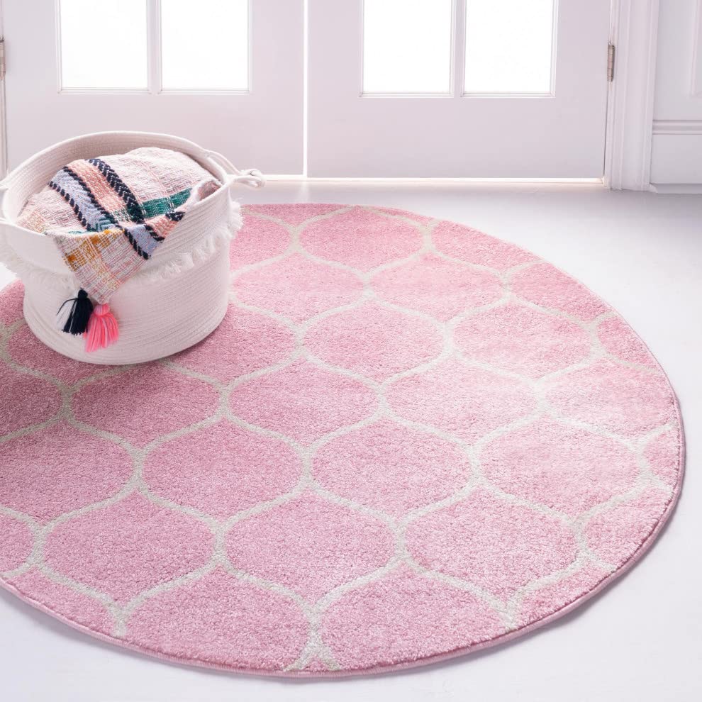 Unique Loom Trellis Frieze Collection Area Rug - Rounded (3' Round, Light Pink/ Ivory)