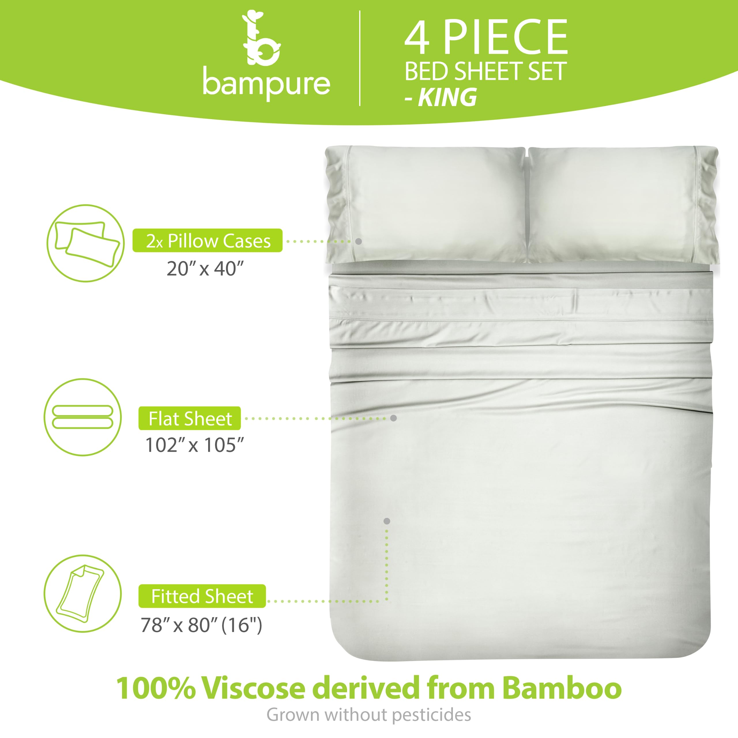 Bampure Luxury Series King Sheet Set - 100% Viscose Derived From Bamboo Sheets King Size - Super Soft Viscose Bamboo Cooling She