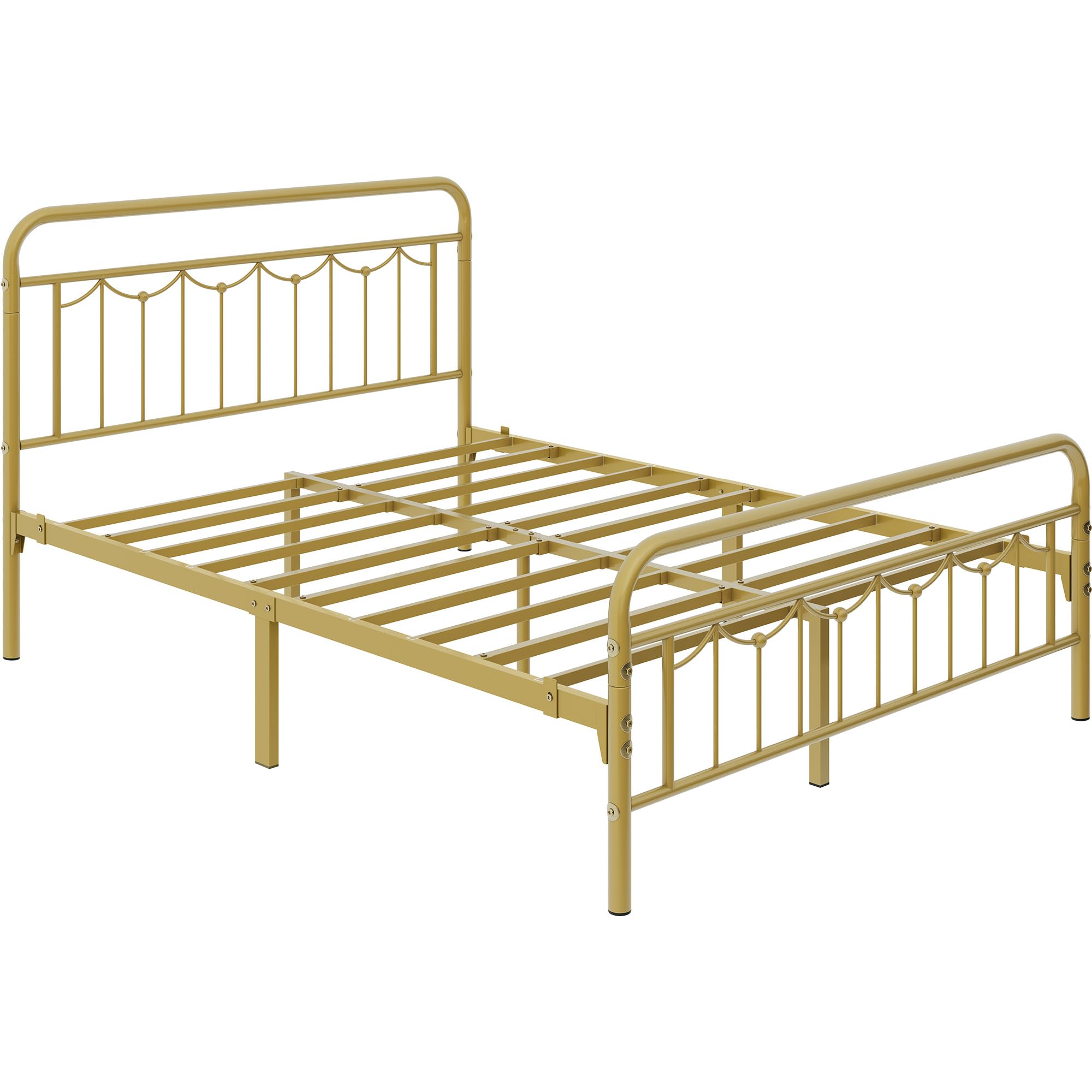 Yaheetech Queen Metal Bed Frame with Vintage Headboard, Antique Gold, Heavy Duty Steel Slat Support, No Box Spring Needed, Model YT-613449AQ