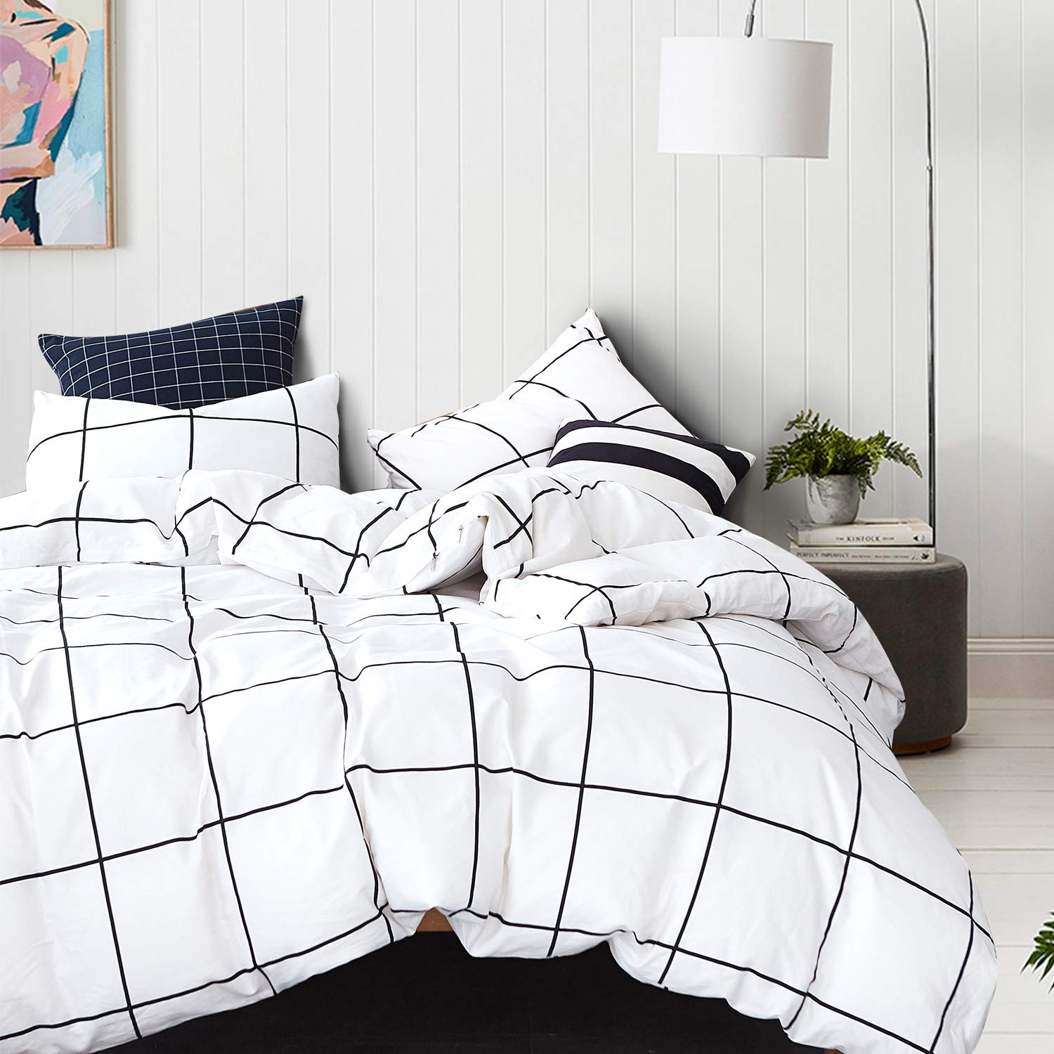 Clothknow White Plaid Comforter Set King 3Pcs White Black Grid Bedding Comforter Sets Checker Comforter King Size White Black Ki