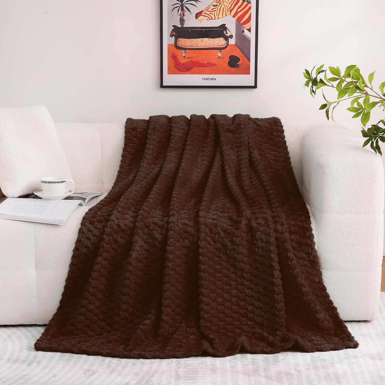 Puncuntex Brown Throw Blanket 90''  90'' Inches Fuzzy 3D Jacquard Decorative Flannel Fleece Super Soft Plush Cozy Blanket For Co