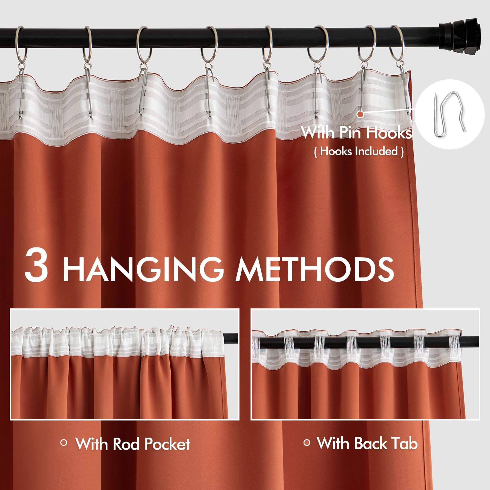 Miulee Back Tab Burnt Orange Blackout Curtains 96 Inch Long 2 Panels Set For Bedroom, Fall Terracotta Rod Pocket/Pinch Pleated Thermal Insulated Room Darkening Light Blocking Floor To Ceiling Drapes