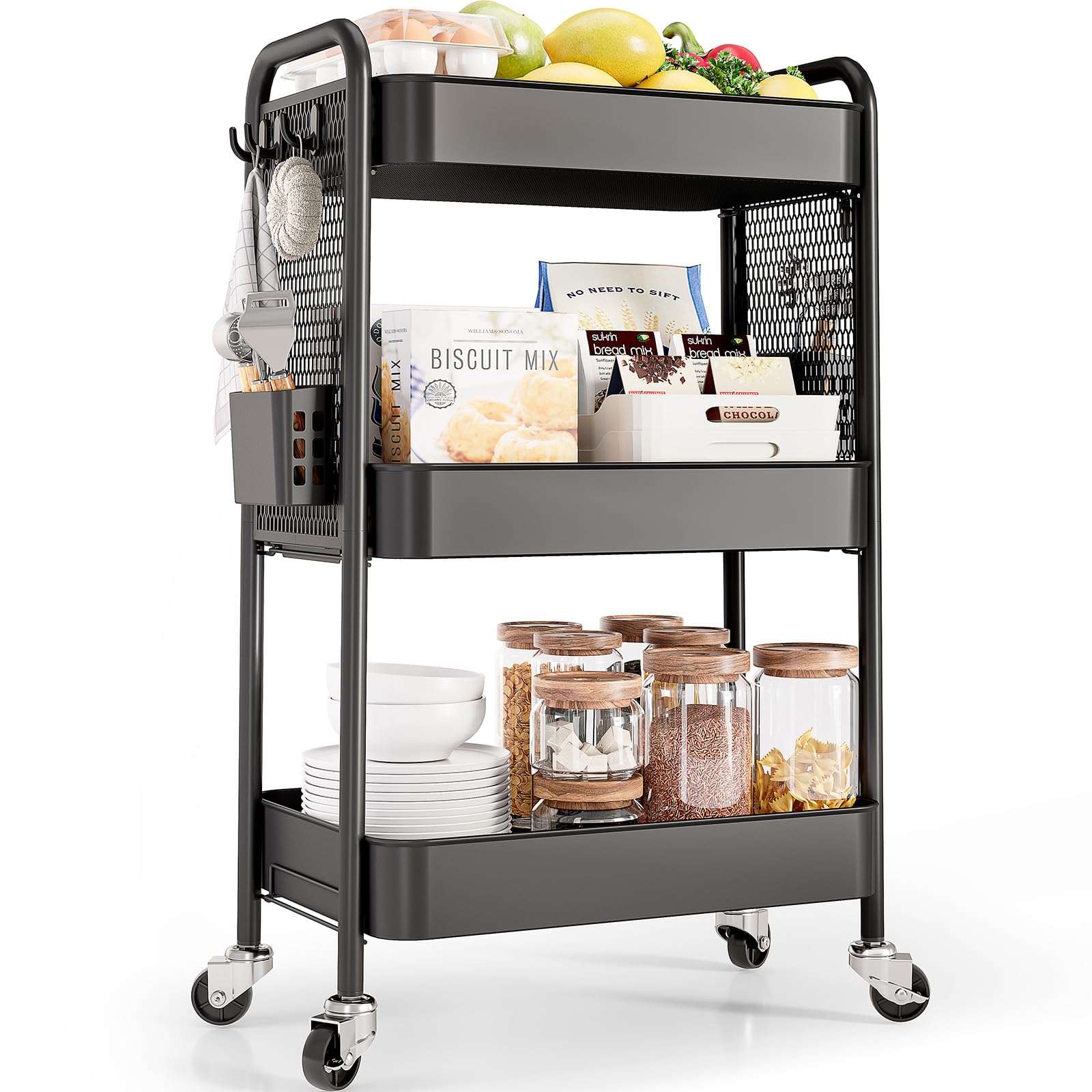 TOOLF 3 Tier Rolling Cart Storage Organizer, Metal Rolling Utility Car with Wheels, Hooks & Bins Esthetician Art Sturdy Storage 