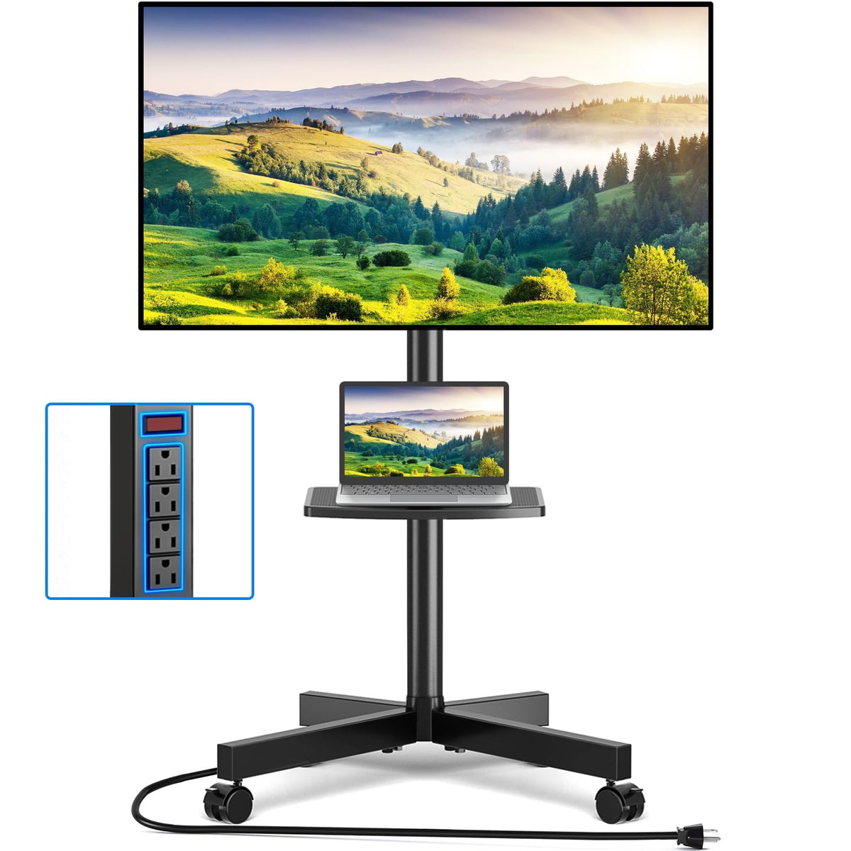 Rfiver Mobile Tv Cart With Power Outlet, Rolling Tv Stand For 23-60 Inch Lcd Led Oled Flat Panel Curved Screen Tvs Up To 88 Lbs,