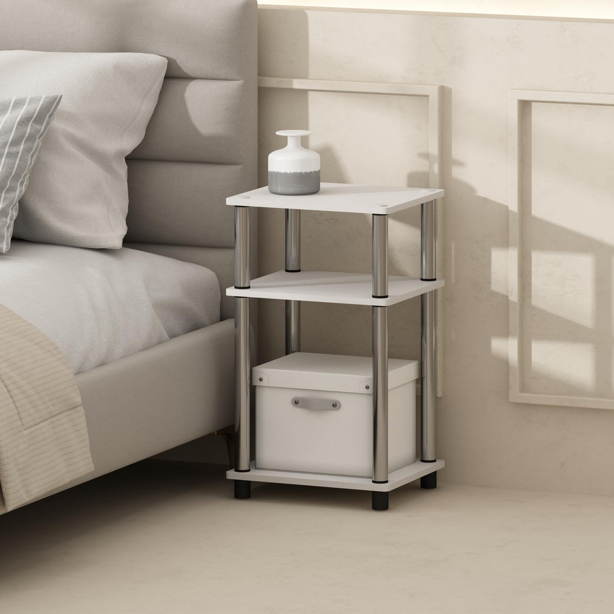Furinno Just 3-Tier Turn-N-Tube Open Storage Nightstand, 2-Pack, Plastic Poles, White Oak/Stainless Steel