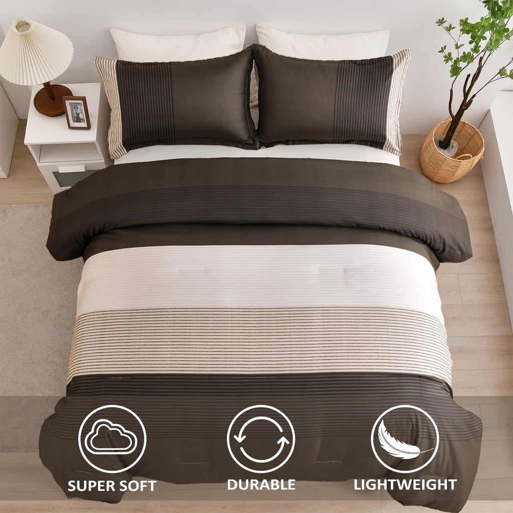 Brown Comforter Set King, Reversible Brown Striped Down Alternative Comforter For King Bed,3 Pieces (1 Comforter+2 Pillowcases),