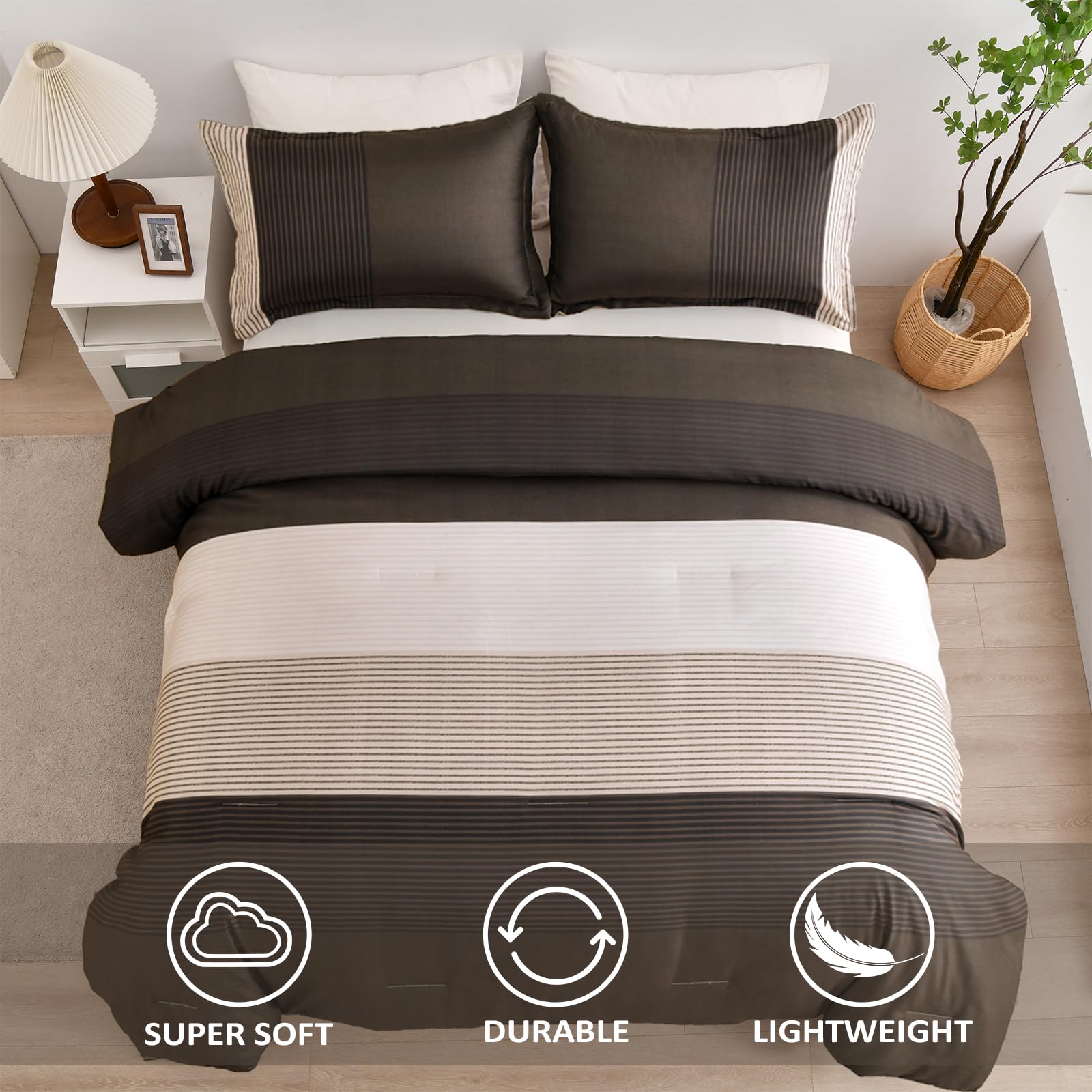 Brown Comforter Set King, Reversible Brown Striped Down Alternative Comforter For King Bed,3 Pieces (1 Comforter+2 Pillowcases),