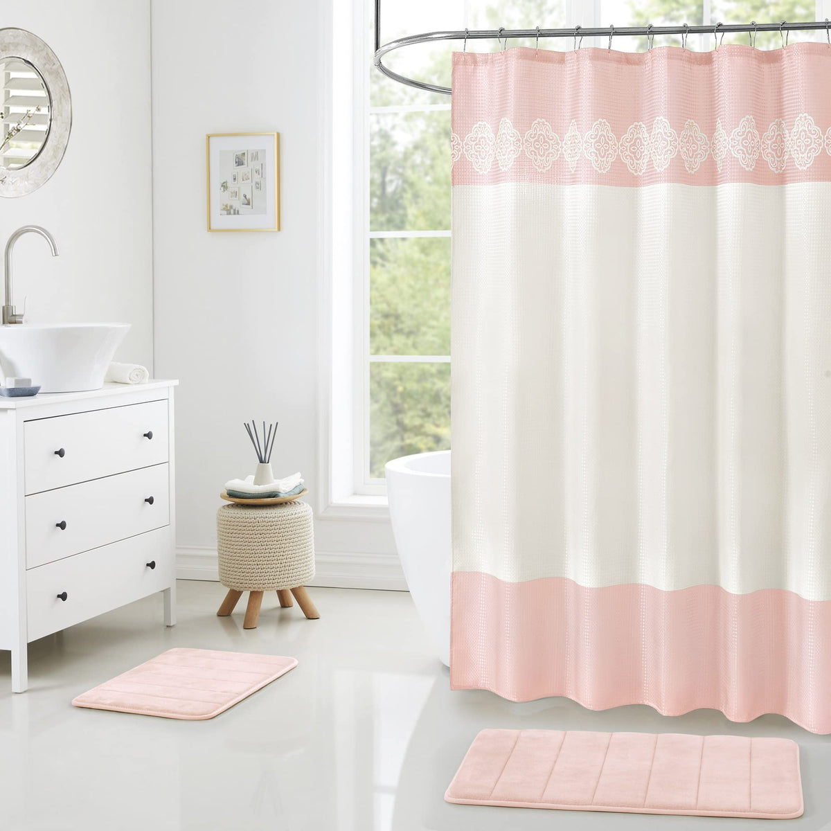 15 Piece Bathroom Shower Curtain Set with Matching Memory Foam Bath Rugs. 2 Solid Rose Pink Beige Color Modern Design NoneSlip