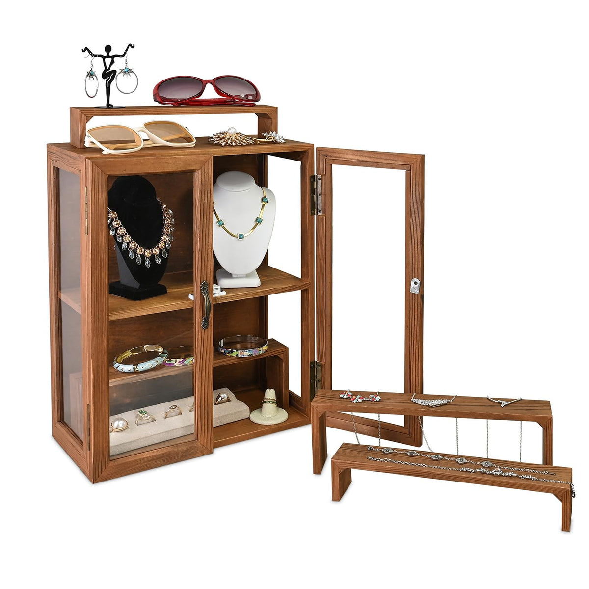 Ikee Design Wooden Display Cabinet with 4 Removable Risers and Glass Door