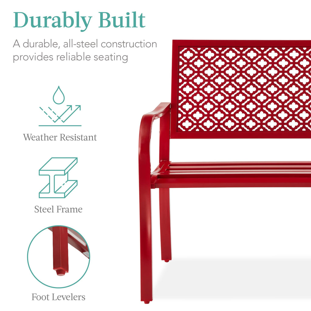 Best Choice Products Outdoor Bench 2-Person Metal Steel Benches Furniture For Garden, Patio, Porch, Entryway W/Geometric Backrest, 790Lb Capacity - Rose Red