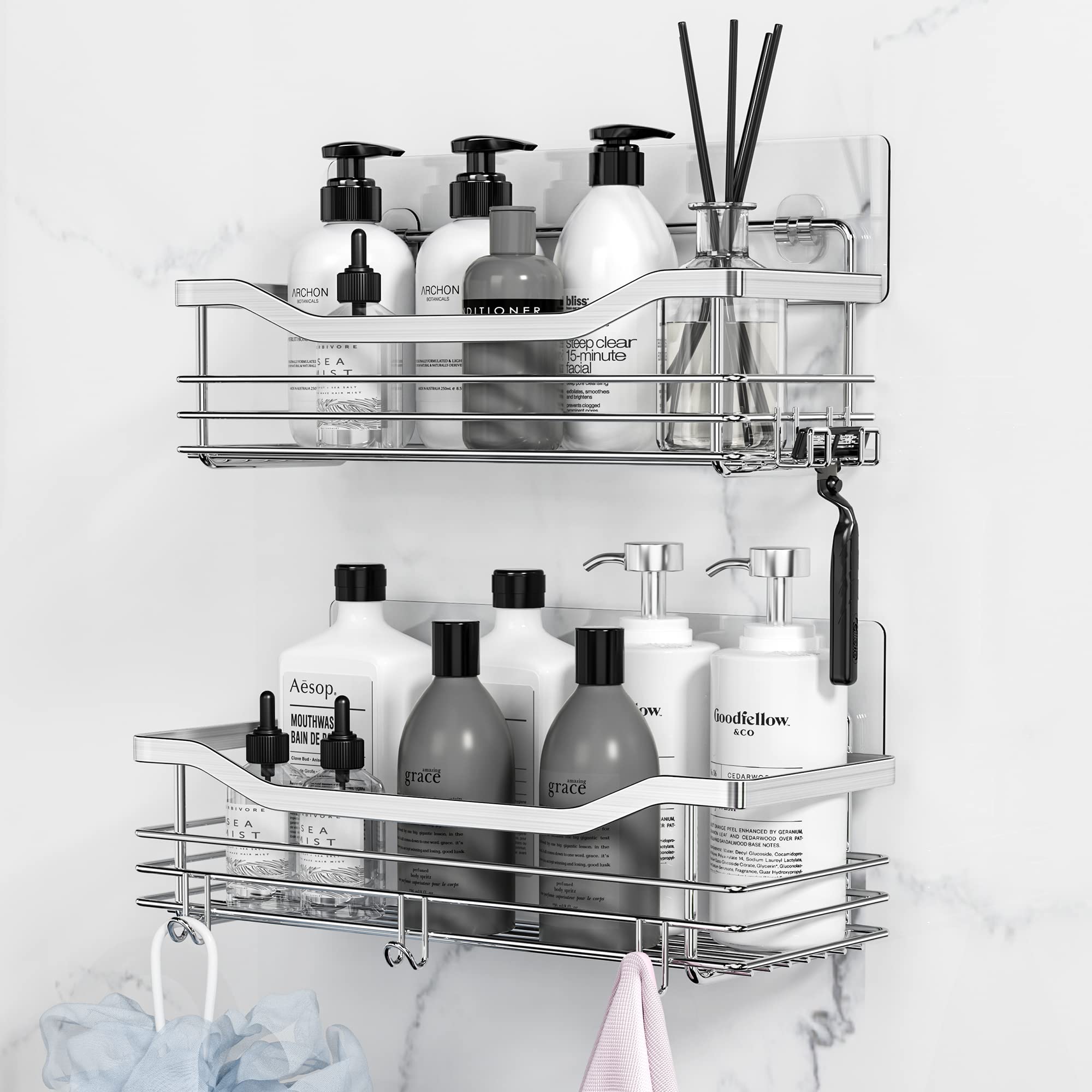 Orimade Shower Caddy Basket Shelf Storage Rack Pack of 2, No Drilling Wall Mounted Adhesive Rust Proof Stainless Steel Shower Or
