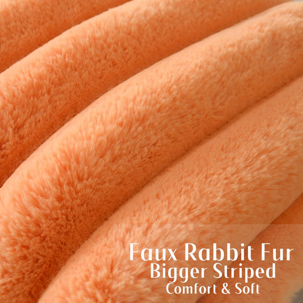 Futei Orange Decorative Throw Pillow Covers 18X18 Inch Set Of 2, Square Soft Faux Rabbit Fur Big Striped Cushion Cover,Home Deco