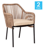 Flash Furniture Kallie Set of 2 Indoor/Outdoor Stacking Club Chairs with Arms - UV Resistant Woven Natural Seat - Ivory Zippered Cushions - Black Aluminum Frame