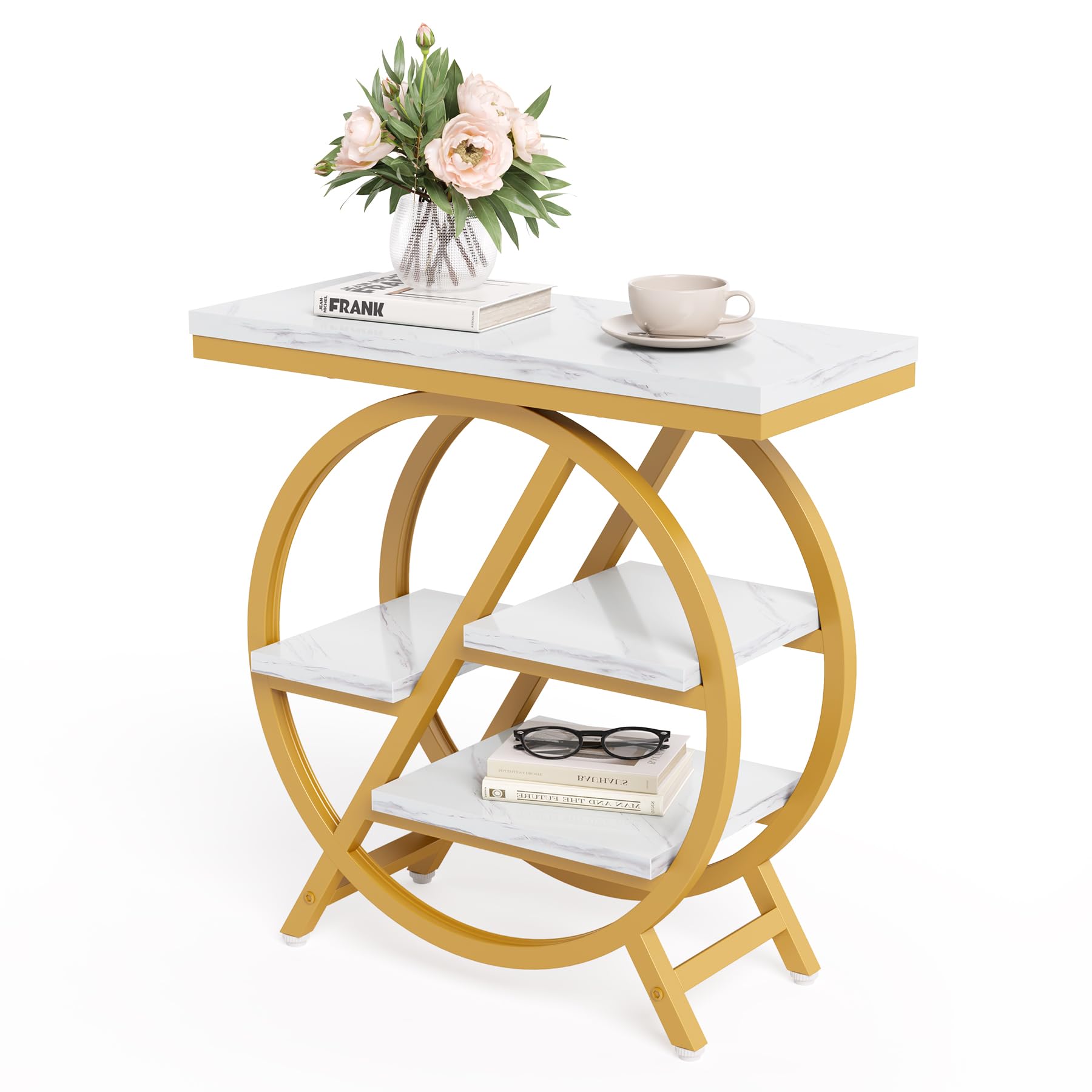 LITTLE TREE End Table, 4-Tier Narrow Faux Marble Side Table with Large Storage Space, Modern Nightstand and Bedside Table for Li