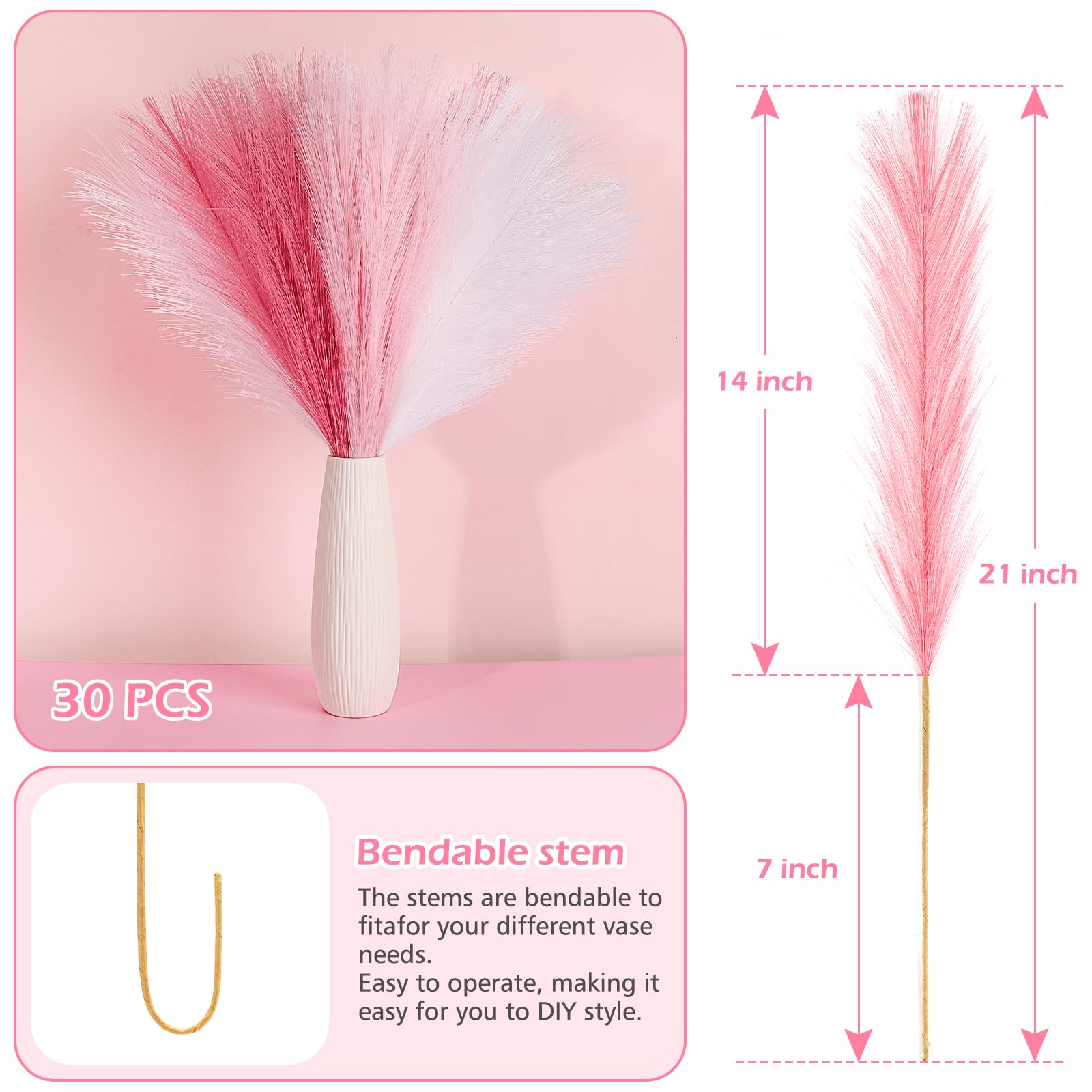 Septcat 30 Pcs Pampas Grass Pink White Decor 21.7'' Fluffy Faux Short Pampas Grass Artificial Small Pompas Grass Flower Vase Fil