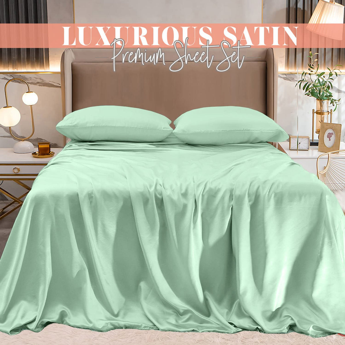 Elegant Comfort Luxurious 4-Piece Silky Satin Sheet Set, Skin And Hair Friendly, Wrinkle, Fade, Stain Resistant With Deep Pockets Fitted Sheet, Cooling Soft Satin Sheet Set, Cali King, Mint Green