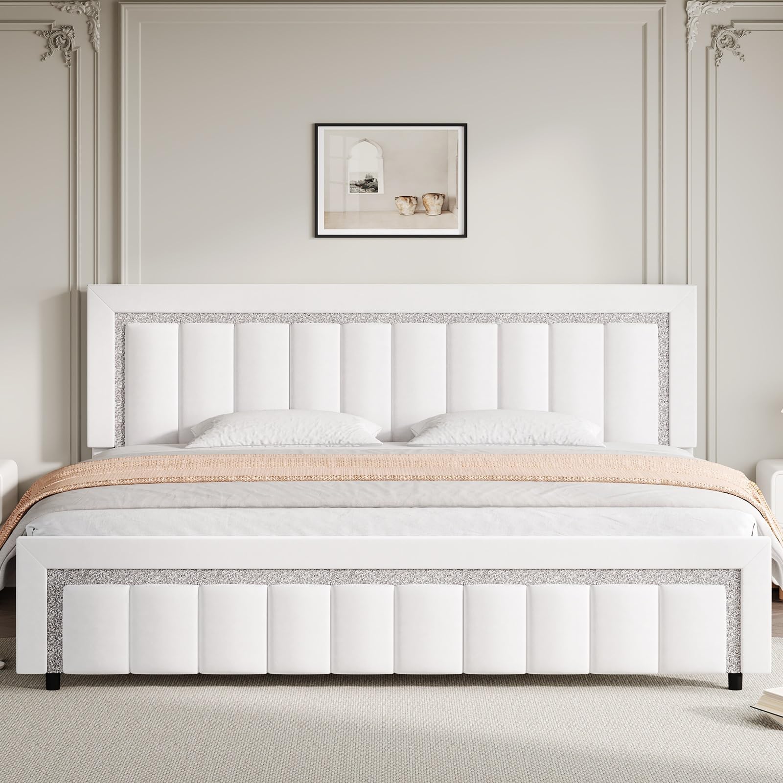 HOMBCK King Size Bed Frame with Diamond Headboard and Footboard, Velvet Upholstered Bed Frame with Vertical Channel Tufted Desig