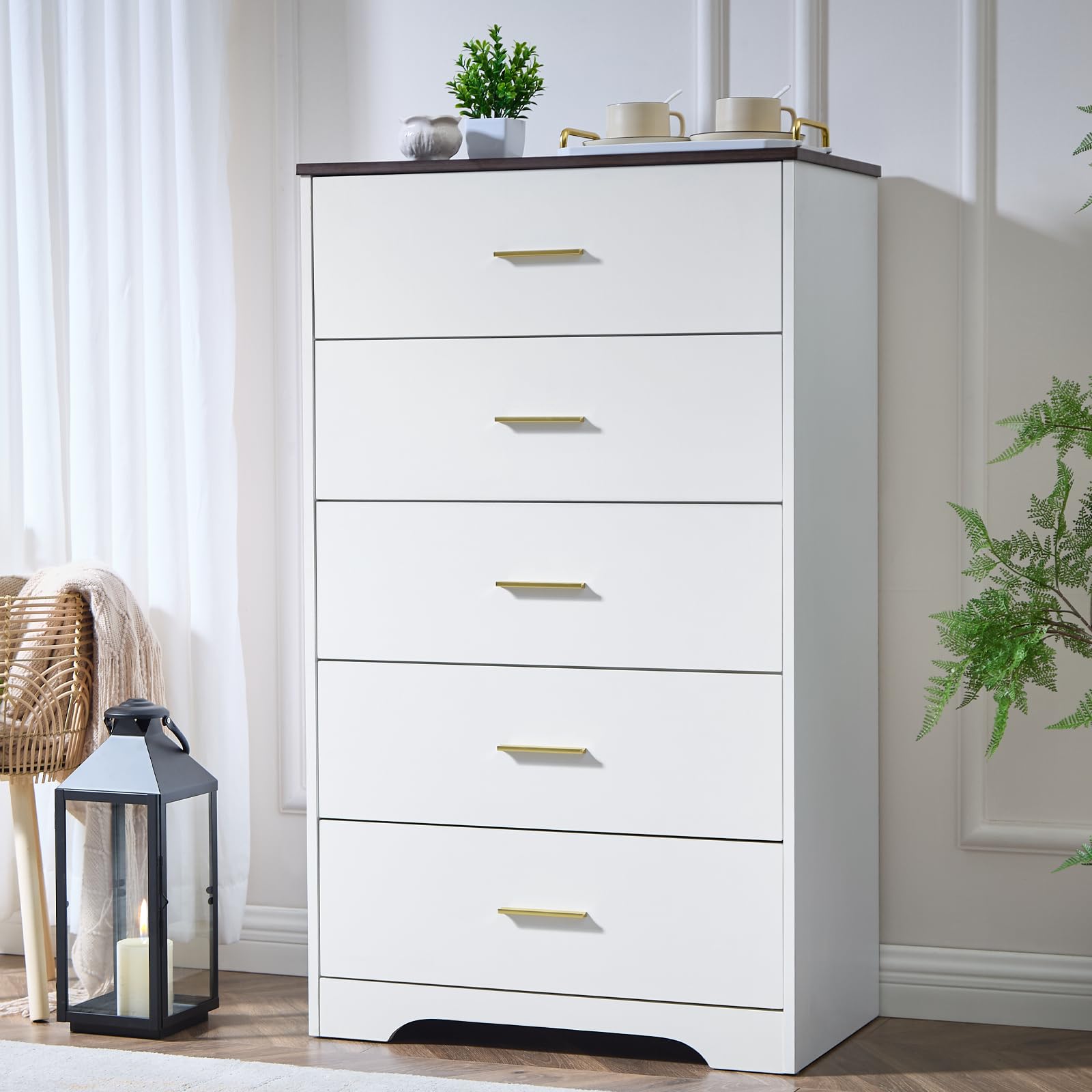 White Dresser for Bedroom Wooden, 5 Drawer Dressers & Chests of Drawers, Modern Wood Tall Dresser, 47 Inches Tall Chest of Drawe