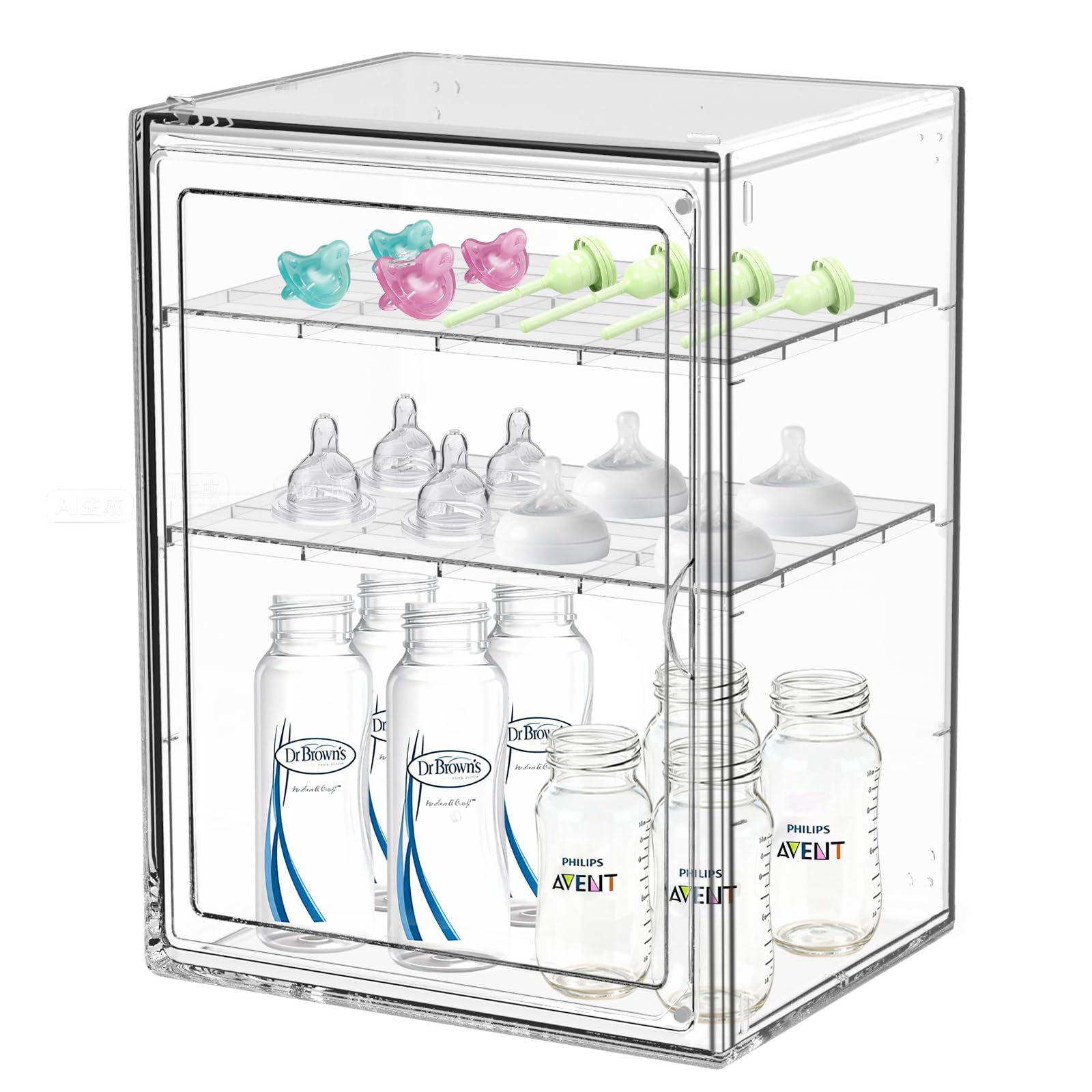 LEARNIBEE Baby Bottle Organizer,Adjustable Height Bottle Storage Organizer Baby for Bottles, Pacifiers, Pump Parts, Clear Organi