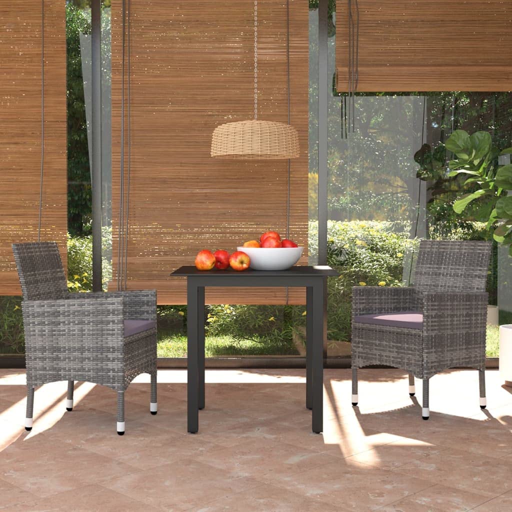 vidaXL Patio Dining Set 3 Piece, Outdoor Dining Set for 2, Table and Chair with Cushions, Dining Chair, Farmhouse Modern Style, Poly Rattan Gray