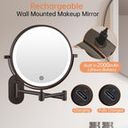 Rechargeable Wall Mounted Lighted Makeup Vanity Mirror 8 Inch Double Sided 1X 10X Magnifying Bathroom Mirror, 3 Color Lighting,