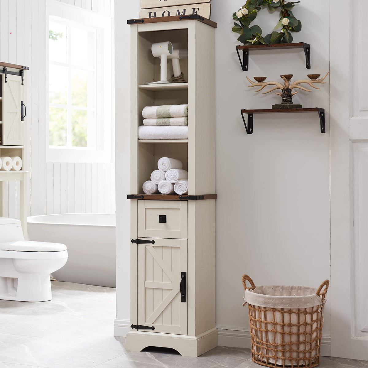 Okd Bathroom Storage Cabinet, Farmhouse Storage Cabinet With Adjustable Shelves & Storage Drawer, Tall Linen Tower For Bathroom, Living Room, Rustic Oak With Antique White