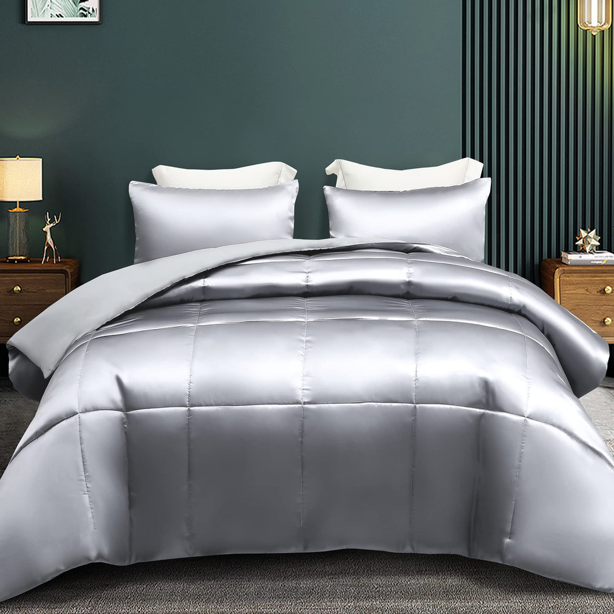 Whale Flotilla 3-Piece Reversible King Size Silk Comforter Set/Bedding Set, Luxury Soft Satin Comforter With 2 Satin Pillowcases
