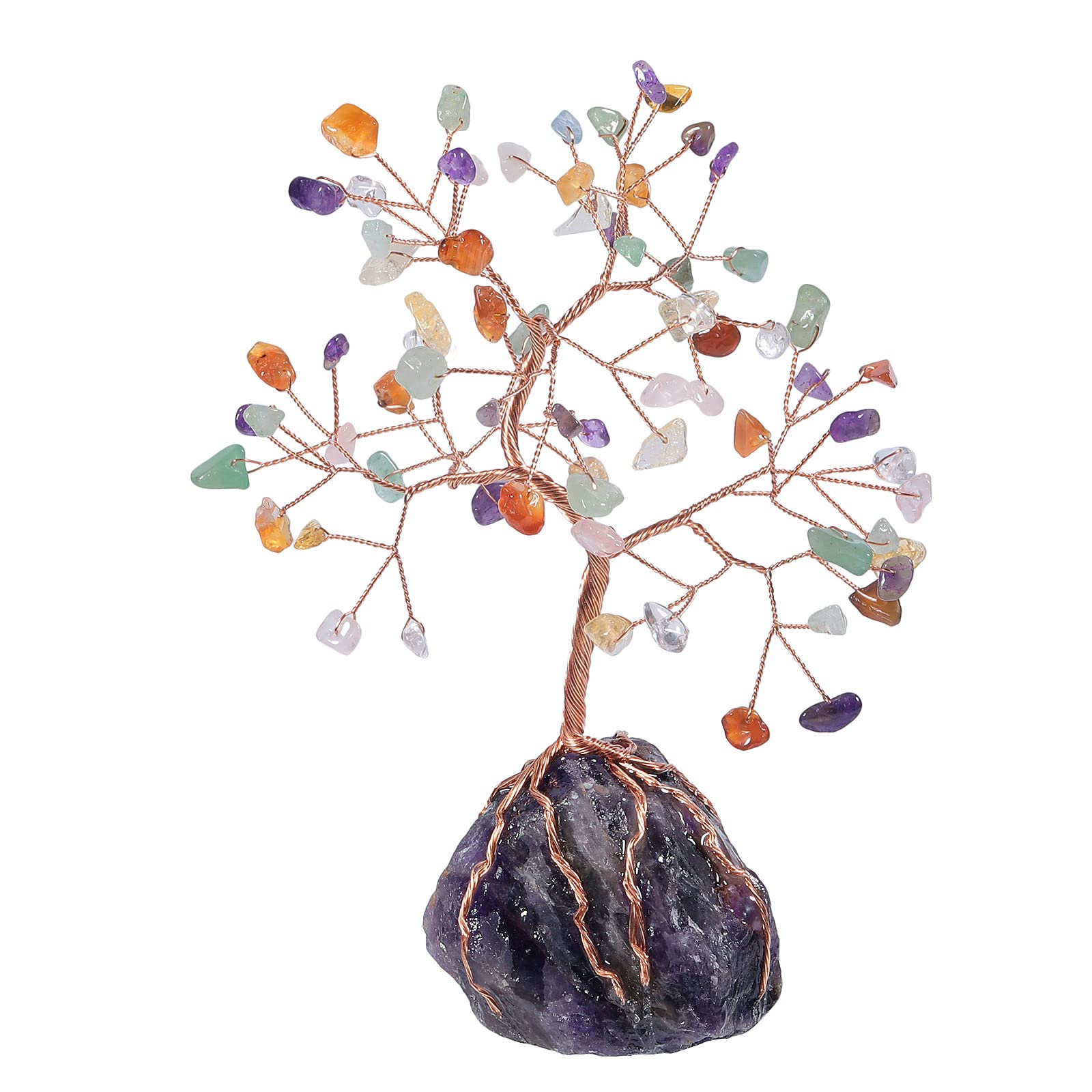 rockcloud Crystal Money Tree with Irregular Raw Amethyst Crystal Cluster Base, Copper Wire Lucky Bonsai Tree for Desktop Office 