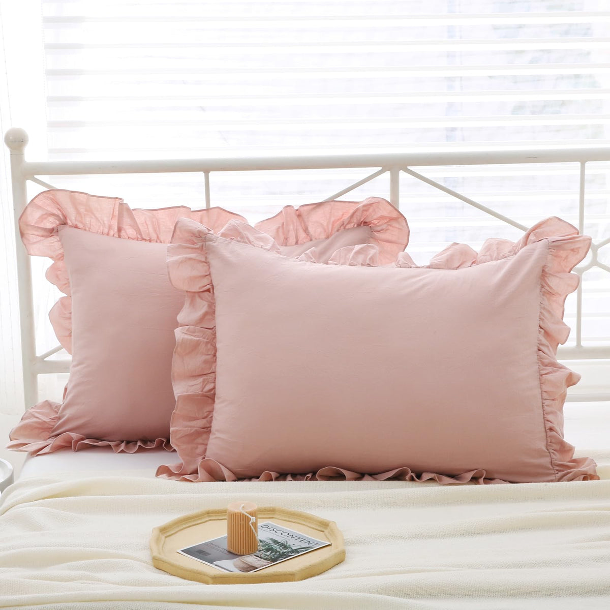 Mywinlle Ruffle Pillowcases Farmhouse Pillow Shams Standard Set Of 2,Shabby Dusty Pink Ruffled Pillow Caseswashed Cotton Pillow