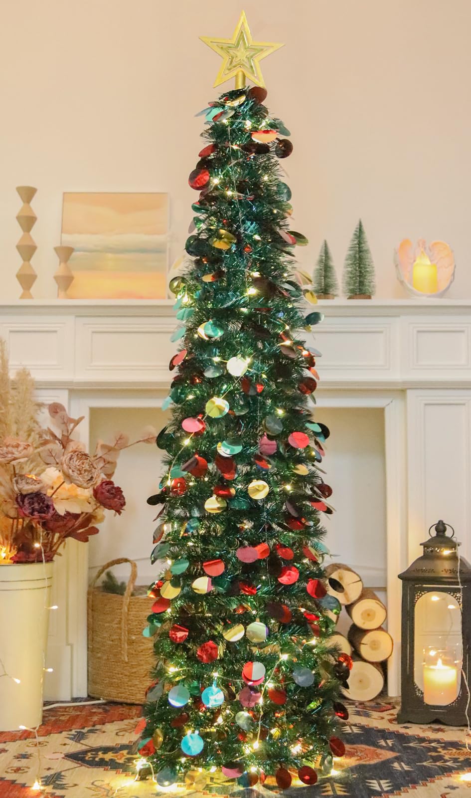 HMASYO 5 FT Pop Up Christmas Tree with Timer Lights, Blue Tinsel Christmas Tree, Collapsible Artificial Pencil Christmas Tree fo