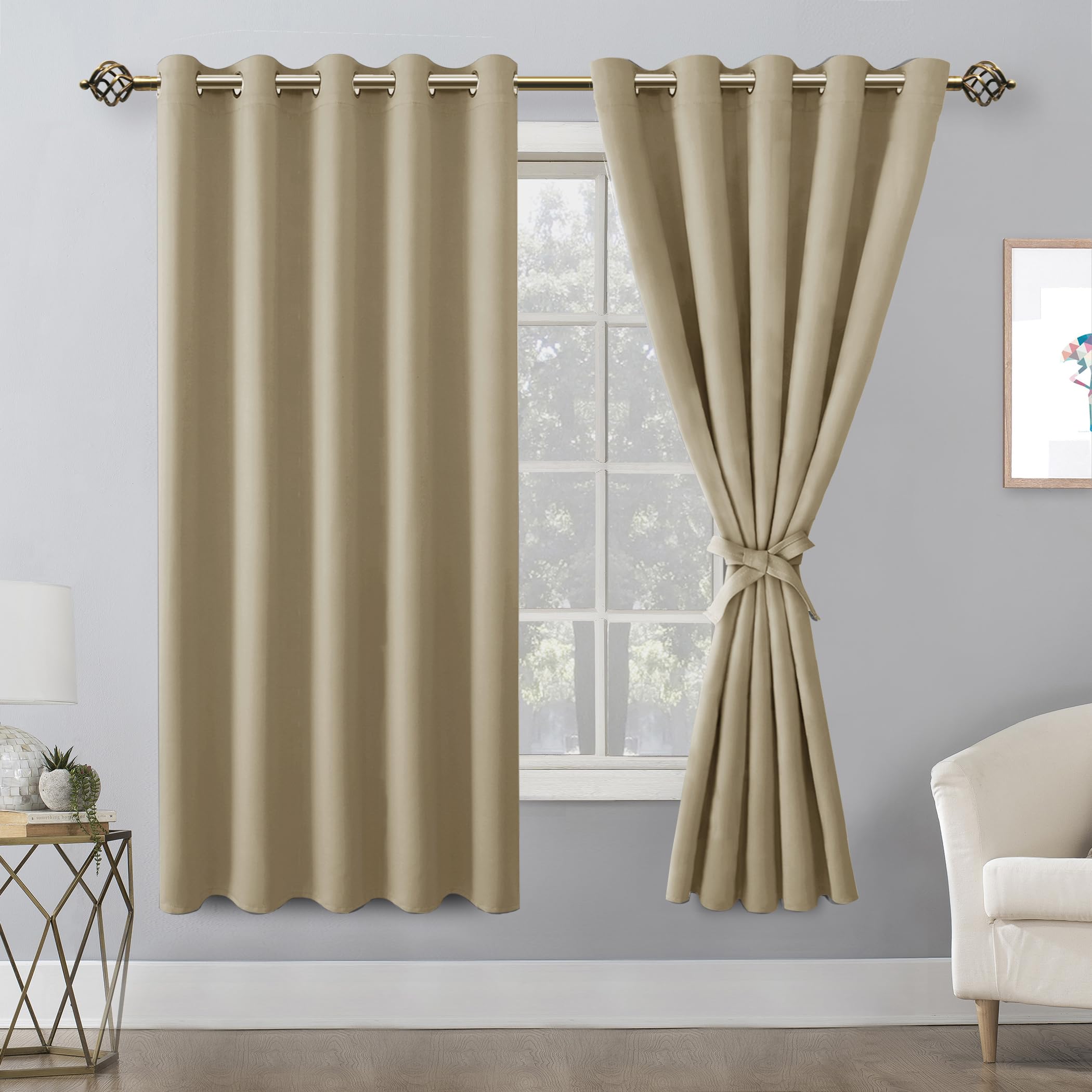 Hiasan Blackout Curtains For Bedroom, 60 X 63 Inches Length - Thermal Insulated & Light Blocking Window Curtains For Living Room, 2 Drape Panels Sewn With Tiebacks, Taupe