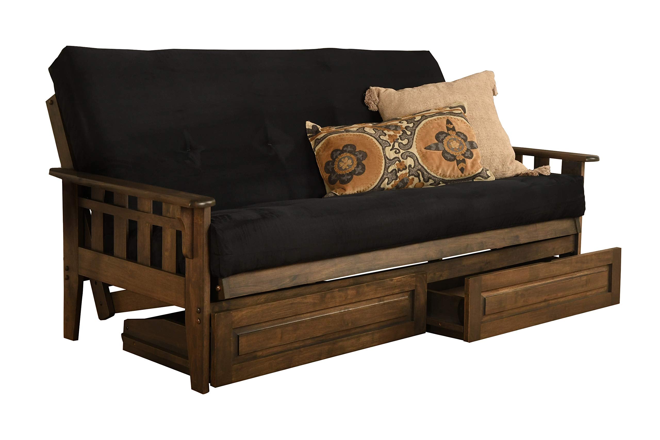 Kodiak Furniture Tucson Full Futon Set in Rustic Walnut Finish with Storage Drawers, Suede Black