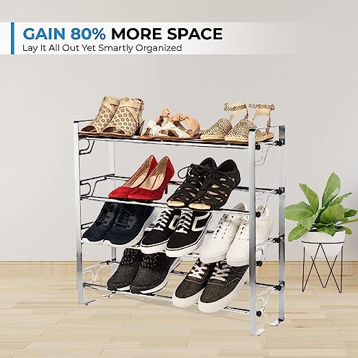 4-Tier Adjustable Shoe Rack with Slide-n-Adjust Shelves, Silver Chrome Finish