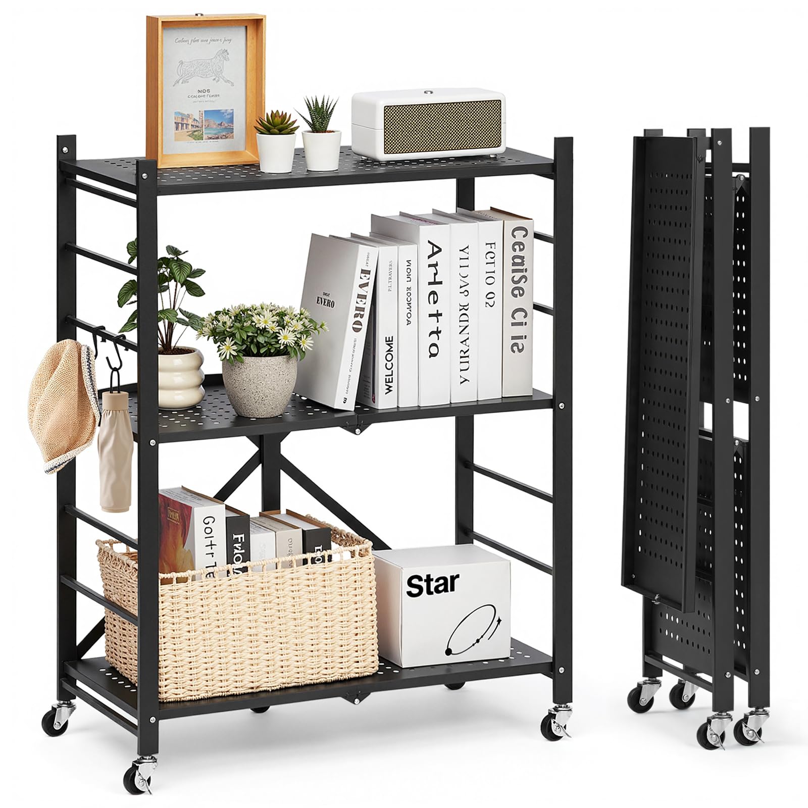 VEVOR 3-Tier Foldable Storage Shelf, 28W x 13D x 36H Inch Folding Metal Rack Shelving Unit, No Assembly Organizer Shelf with 5 W