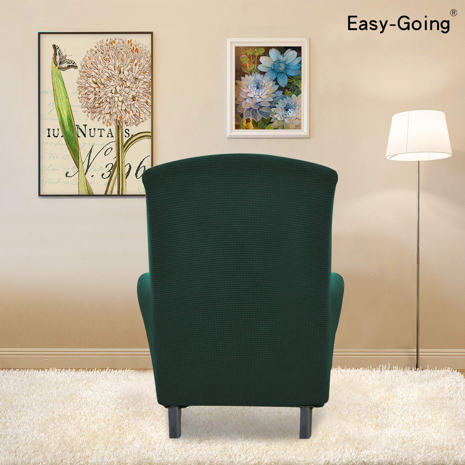 Easy-Going Wingback Chair Slipcover, Polyester Spandex Jacquard, Dark Green, Small Checks, Fits Seat Width 20-30 inches