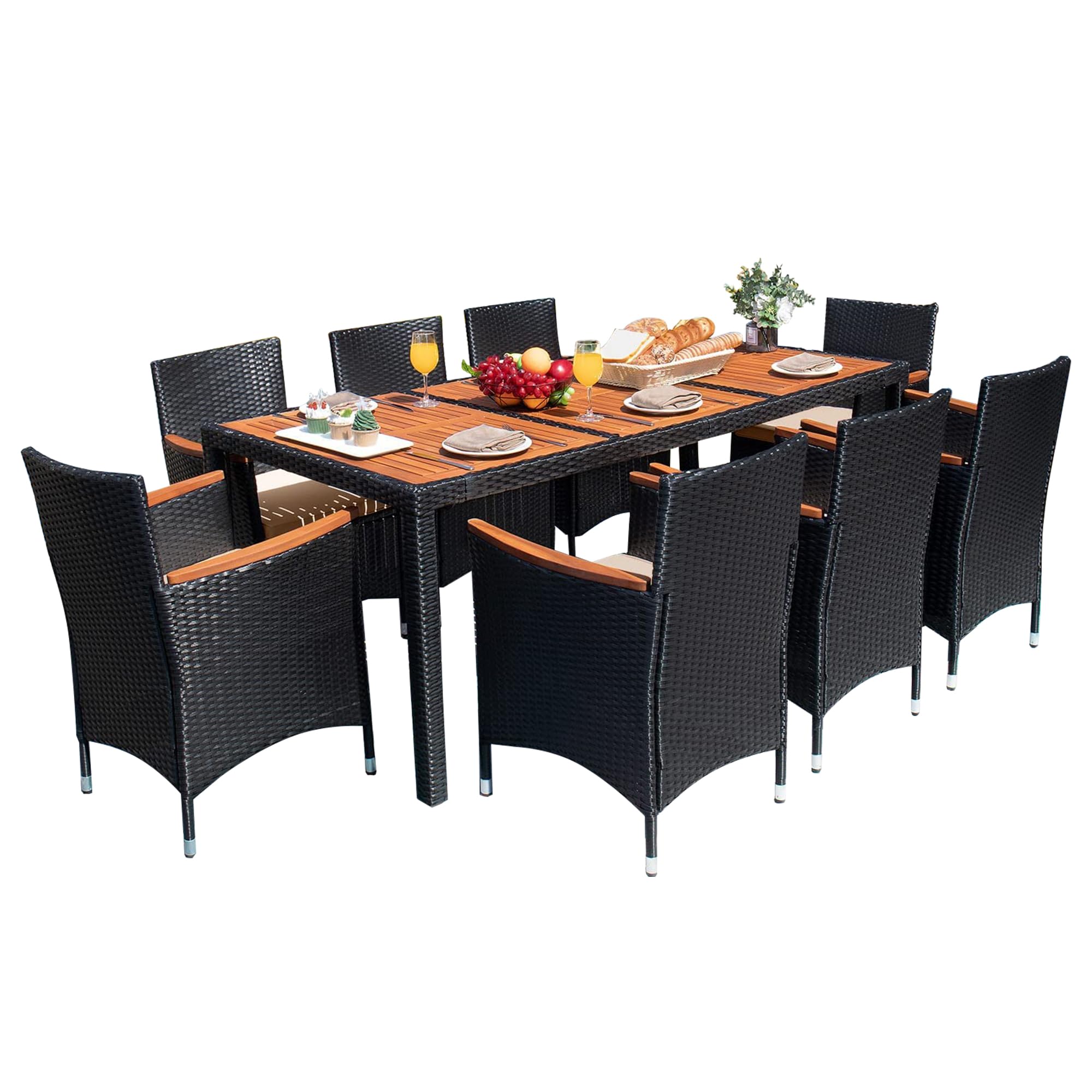 Devoko Outdoor Patio Dining Sets 9 Pieces Wicker Outdoor Dining Table And Chairs Set With Acacia Wood Table Top And Widened Armrests For Backyard, Garden, Deck (Black)