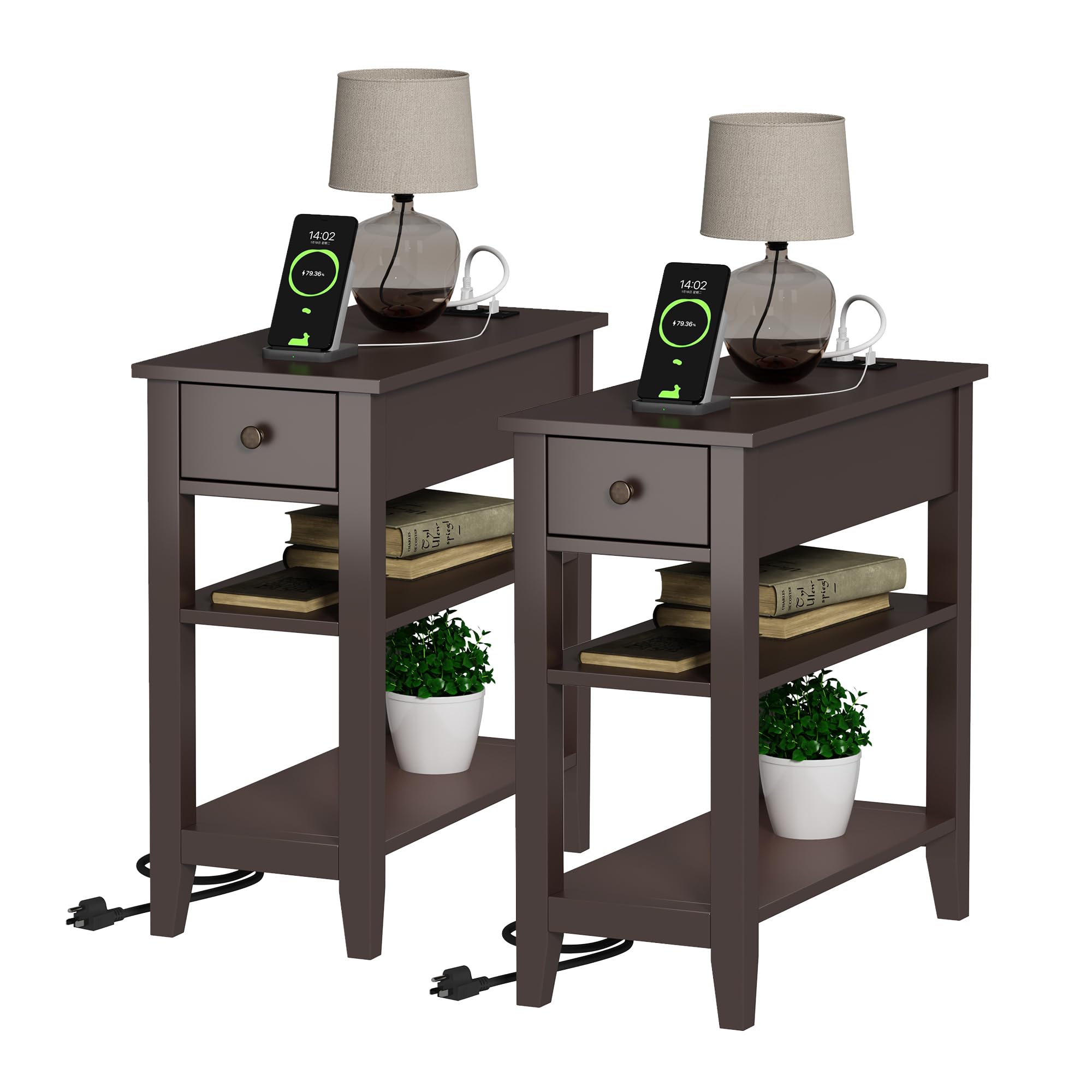 ChooChoo Narrow End Table Set of 2,Side Table Living Room with USB Ports & Power Outlets and Hidden Drawer, 3-Tier Skinny Nights